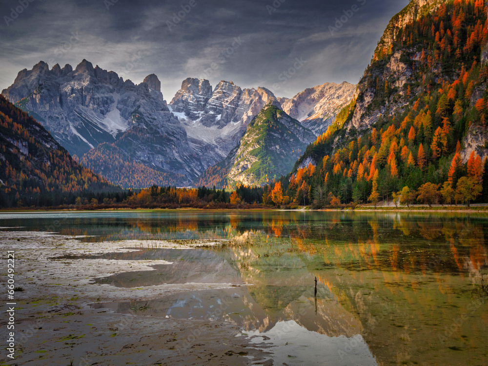 Monte Cristallo Mountains in the autumnal scenery of the Dolomites, South Tyrol. Italy