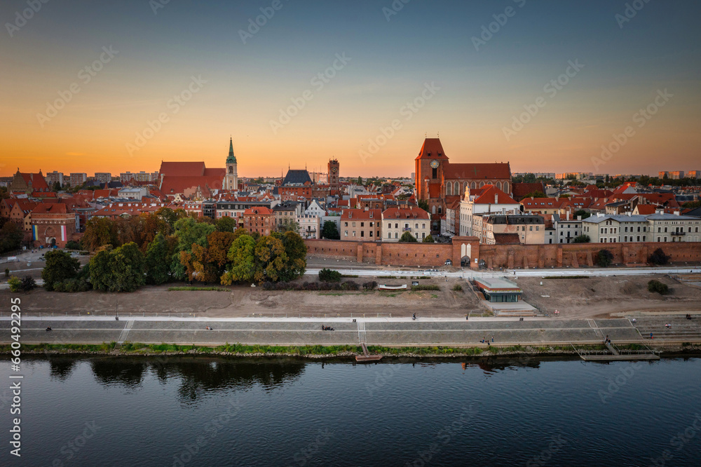 Architecture of the old town in Torun at sunset, Poland.