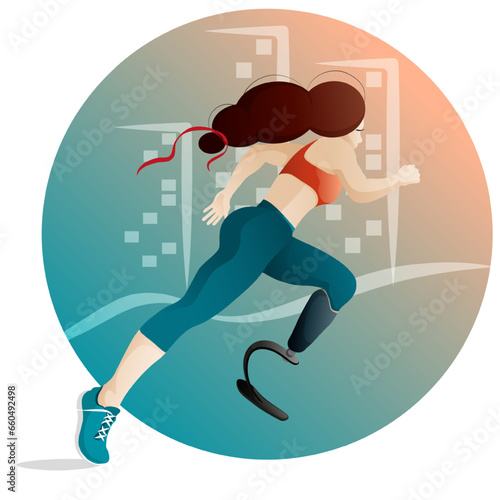 Disabled woman with prosthetic leg running in town. Disabled technology and lifestyle