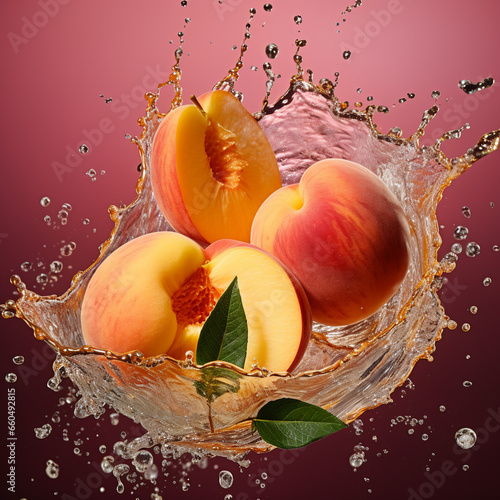 peaches in juice splash of fresh juice ,Generative AI.