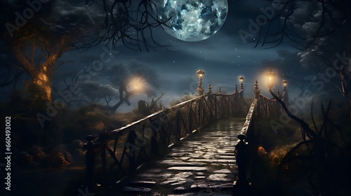 Halloween night with Full Moon on Bridge 
