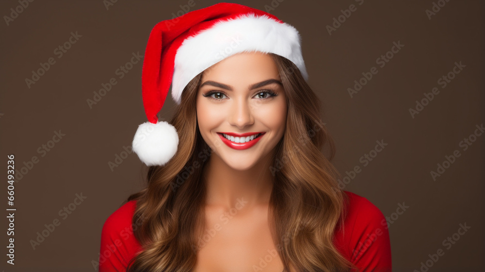 A young woman dresses in a Christmas costume for the Christmas festival. A young woman dresses in a Christmas costume for the Christmas festival.