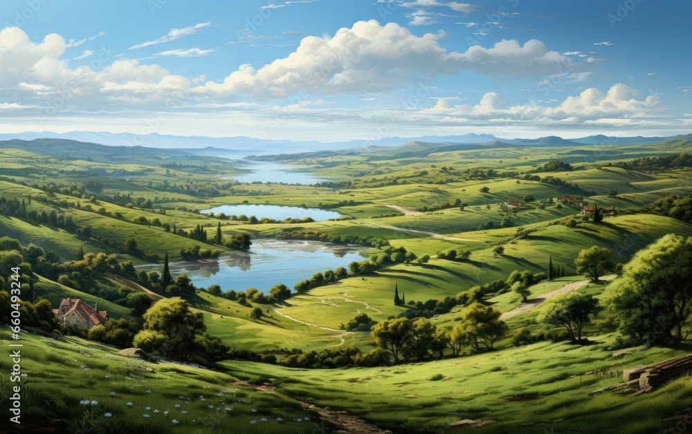 Serene Rolling Hills Tranquil Waters Amid Vast Green Landscapes.