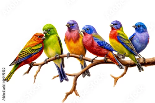 Obraz Image of group of painted bunting birds on a branch on a white background. Birds. Animals. Illustration, Generative AI.