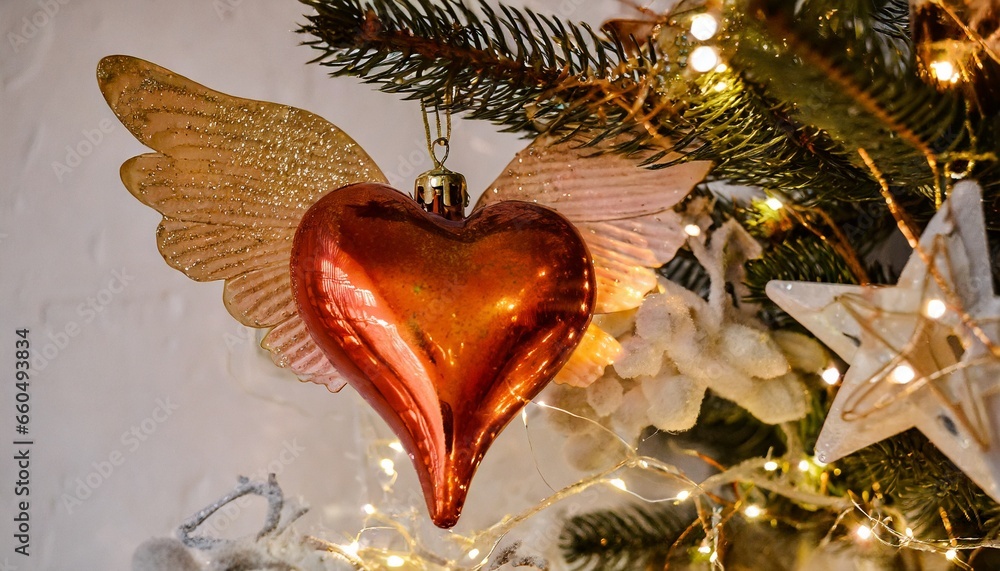 Gros plan sur la décoration d'un sapin de Noël. Beau cœur en métal laqué orange, des étoiles une guirlande allumée, un angelot aux ailes rouges dans une douce lumière d'un chaleureux hiver.