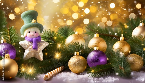 Vue rapprochée de belles branches de sapin avec des boules dorées, mauves, une étoile en pâte à sel avec une gosse écharpe verte et un bonnet de lutin, des sucres d'orge et lumières de Noël. photo