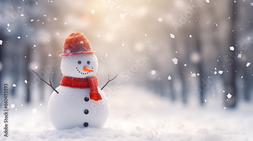 snowman winter background snowy December red scarf - by generative ai © CEVmemories