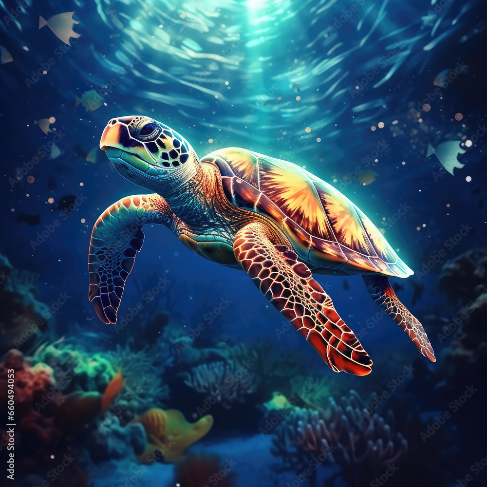 Fototapeta premium green sea turtle swimming spirit animal - by generative ai