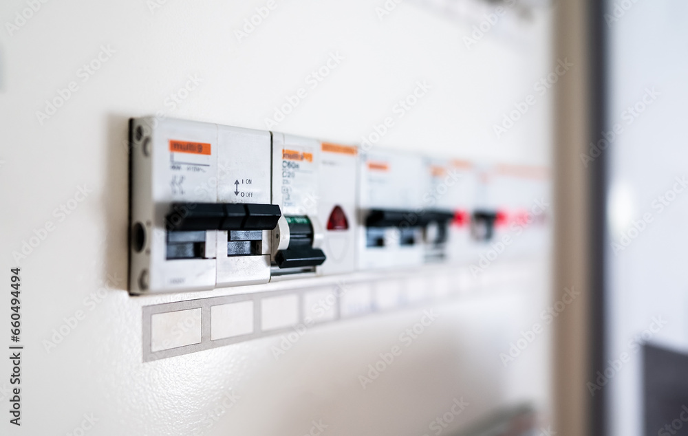 Close-up view of switches on fuse board. Close-up view of switches on fuse board.