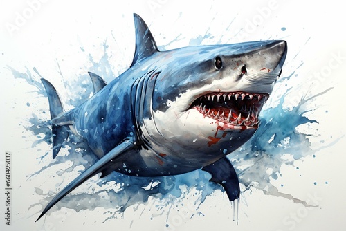 Artwork of a fierce shark painted with watercolors  set against a pure white backdrop. Generative AI