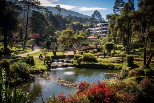 Beautiful Burnham Park in Baguio City surrounded by mountains. Generative AI photo