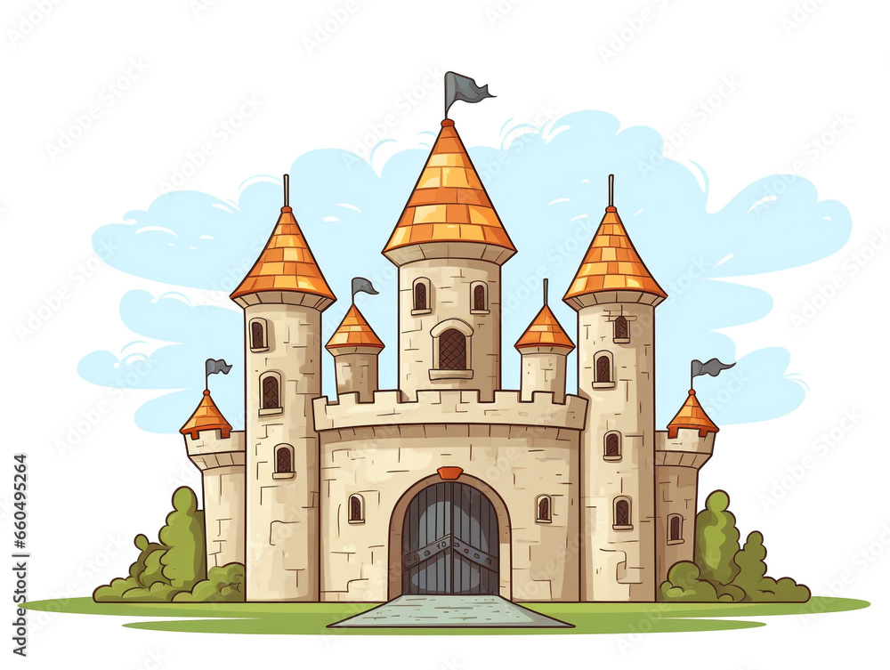 A medieval castle. It is located on a hill and there is a green landscape around it. Front elevation view. 2D flat illustration image. A medieval castle. It is located on a hill and there is a green landscape around it. Front elevation view. 2D flat illustration image.