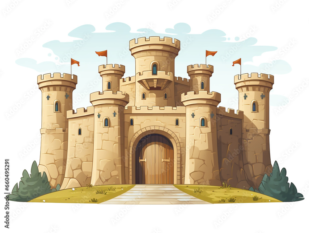 A medieval castle. It is located on a hill and there is a green landscape around it. Front elevation view. 2D flat illustration image. A medieval castle. It is located on a hill and there is a green landscape around it. Front elevation view. 2D flat illustration image.