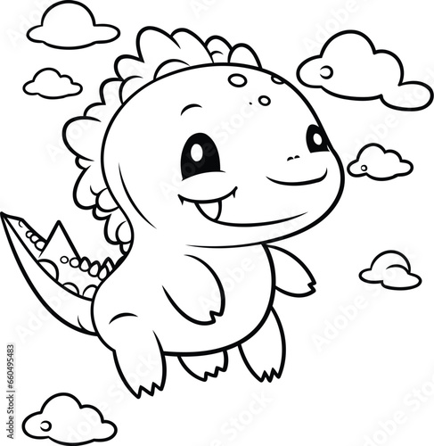 Illustration of a Cute Dinosaur Cartoon Character with Cloudy Sky