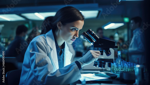 a young woman female scientist working with a microscope