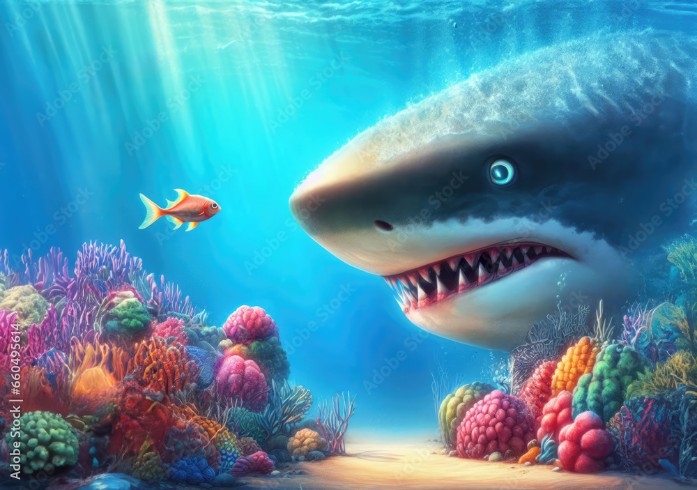 Fototapeta premium Brave small fish face to face and against big shark, generative Ai. business concept.