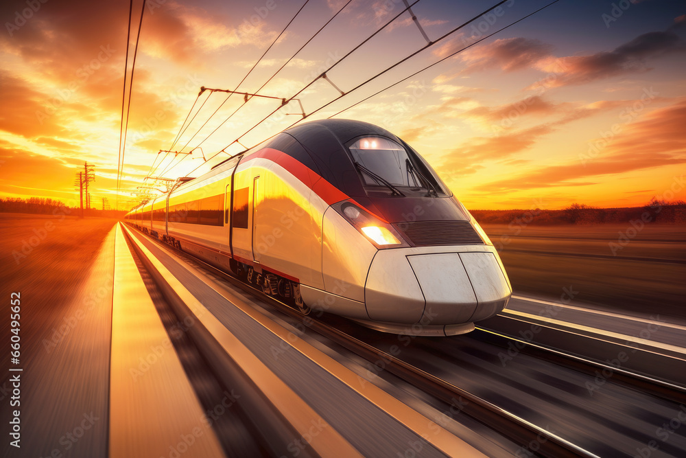 Fototapeta premium Modern high speed passenger train at sunset. Blurred motion.