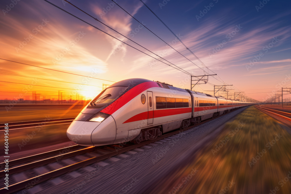 Fototapeta premium High speed modern passenger train at sunset. Blurred motion.