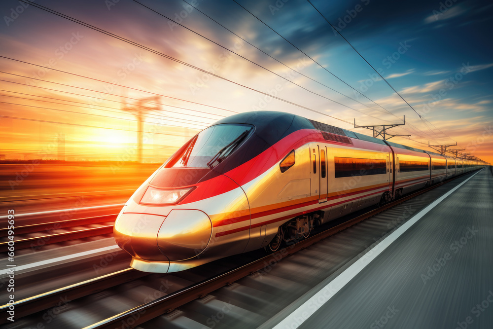 Naklejka premium Modern high speed passenger train at sunset. Blurred motion.