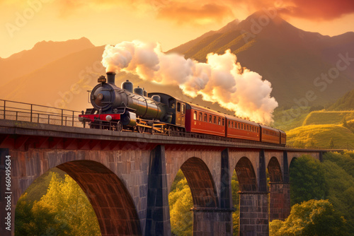 Old steam train on railway viaduct at sunset with mountains on background.