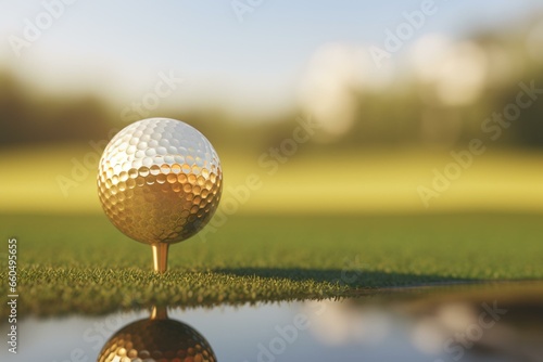 3D-rendered golden golf ball on tee. Generative AI