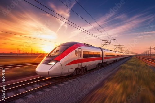 High speed modern passenger train at sunset. Blurred motion.