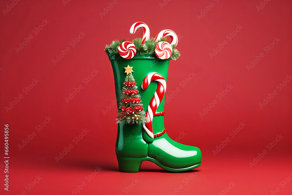 Santa Claus boot on vivid Red Background Stock Illustration | Adobe Stock