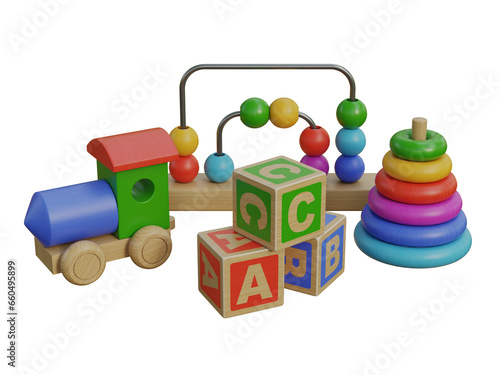 Wooden toys isolated from the background 3d rendering
