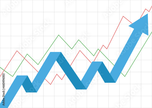 blue stock market arrow business graph growing pointing up on economic chart icon trending upwards financial board rises with two lines graphs flat design
