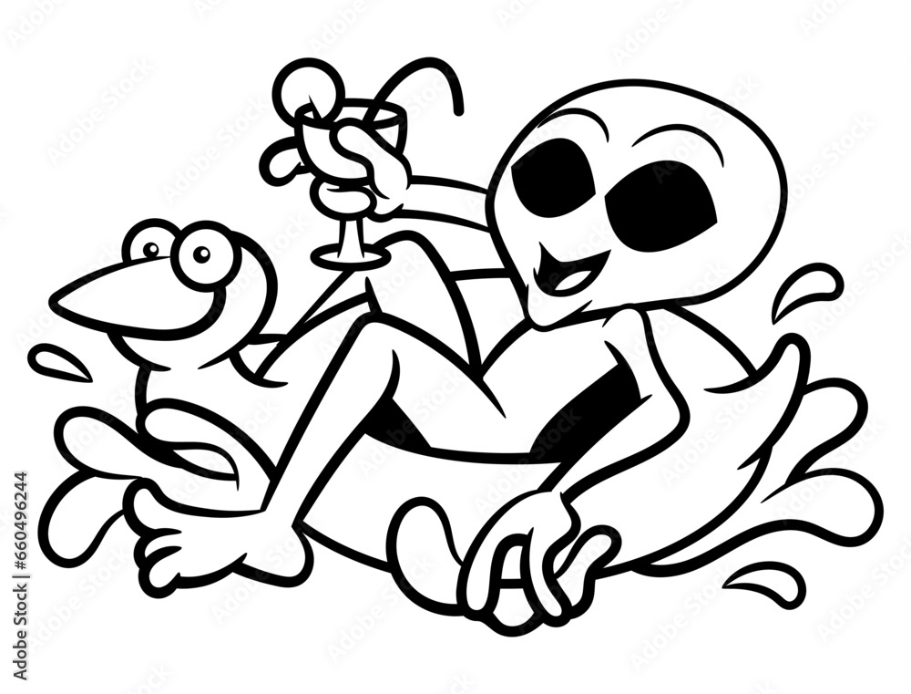 Cartoon illustration of Alien playing a duck buoy at beach while drinking a cocktail, best for outline, logo, decoration, and coloring book with summer vacation themes Cartoon illustration of Alien playing a duck buoy at beach while drinking a cocktail, best for outline, logo, decoration, and coloring book with summer vacation themes