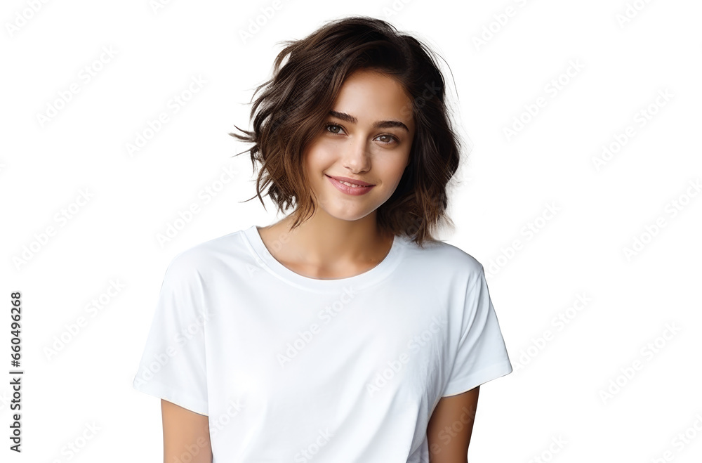Young Happy Woman Smiling in White T-Shirt - Isolated on Transparent Background - Generative AI Young Happy Woman Smiling in White T-Shirt - Isolated on Transparent Background - Generative AI