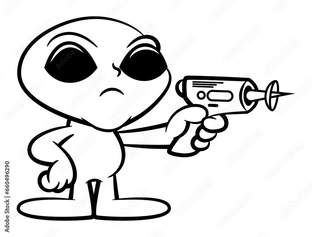 Obraz premium Cartoon illustration of Little Alien using blaster gun to invasion the earth. Best for outline, logo, and coloring book with extraterrestrial themes for kids