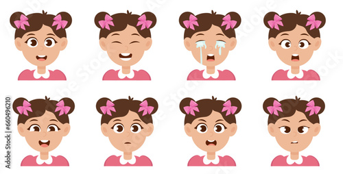 Cute little girl avatar with ponytail hairstyle and different facial expression 