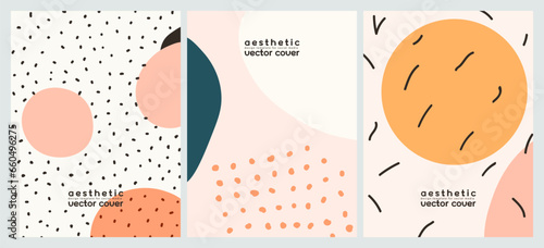 Collection of templates with hand drawn simple shape, lines and dots. Set aesthetic vertical background for social media. Vector covers, trendy banner design
