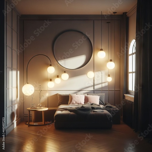 small dark room with lamps and bed photo design