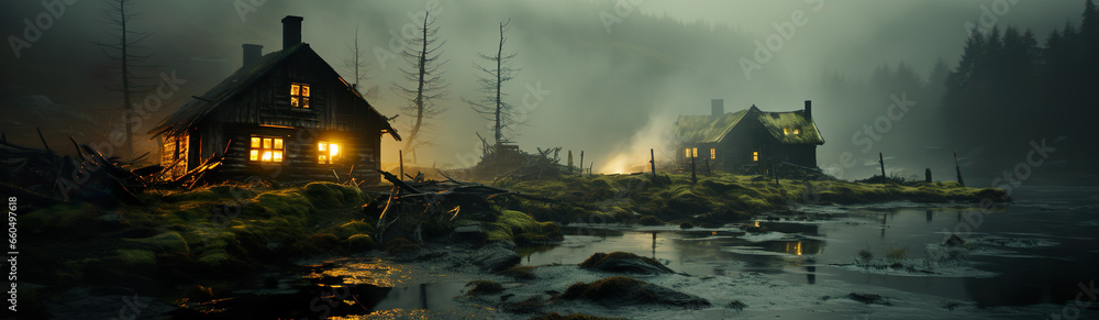 Fototapeta premium An Old Village Located On The Shore Of A Misty Lake. Illustration On The Theme Of Nature And Climate, Travel And Tourism, Ecology And Landscapes. Generative AI
