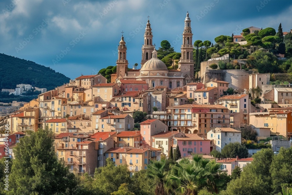 A view of Menton Basilica of St. Michael the Archangel in the French Riviera, Europe. Generative AI