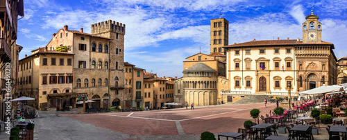 Italy travel and scenic places. Arezzo - beautiful medieval town in Tuscany . Panoramic view of main city scquare - Piazza grande