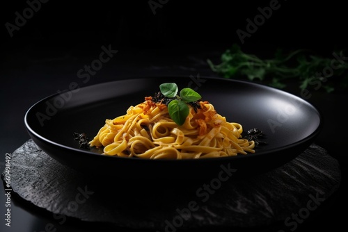 Delicious pasta dish served on a black plate against a dark background. Generative AI