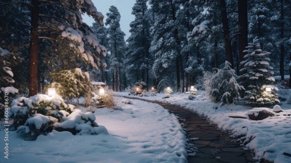 A path in a snowy forest at night