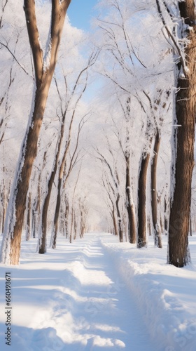 A snow covered path in the middle of a forest