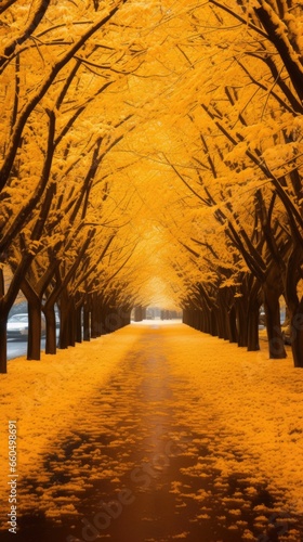 A tree lined road with yellow leaves on the trees