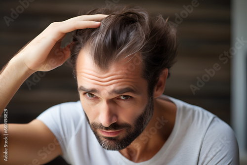 Man looking in the mirror, concerned about his hair loss and the increasing signs of balding