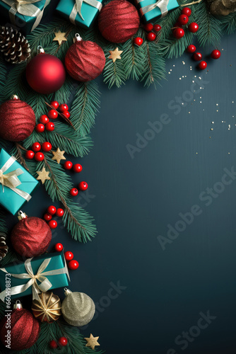 Christmas background with gift box red and golden balls fir branches pine cones and red berries Generative AI Illustration