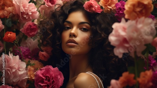 A beautiful young woman surrounded by flowers