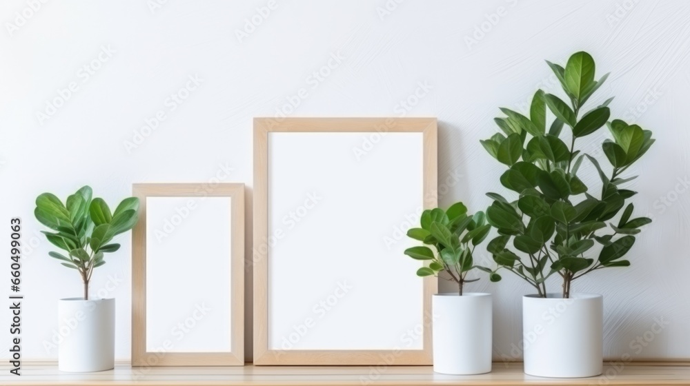 A wooden shelf topped with three white vases filled with plants