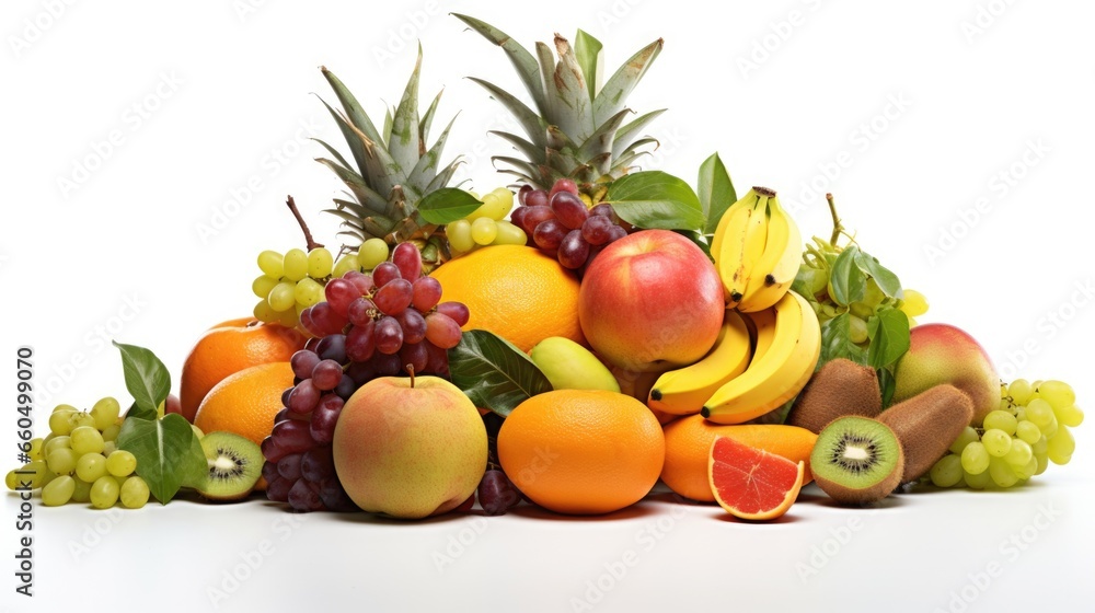A pile of assorted fruits and vegetables on a white surface