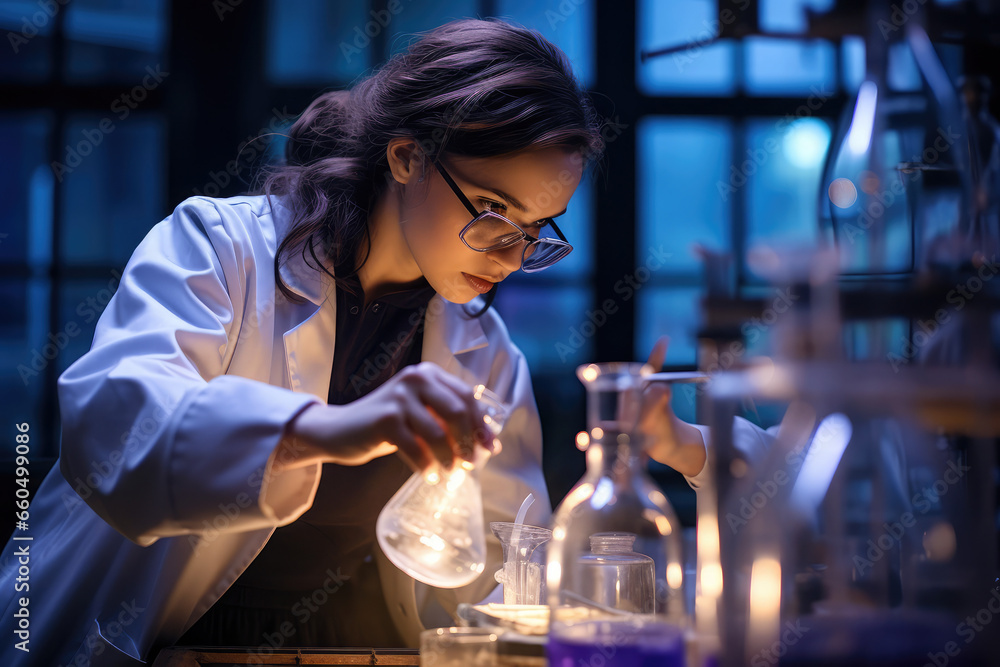 professional female chemist, working on flask