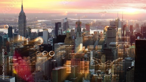 
Aerial Futuristic New York City at Sunset. Futuristic Midtown Manhattan with Financial Charts, Graphs and Figures.  Big data, Artificial intelligence, Internet of things. Stock exchange.