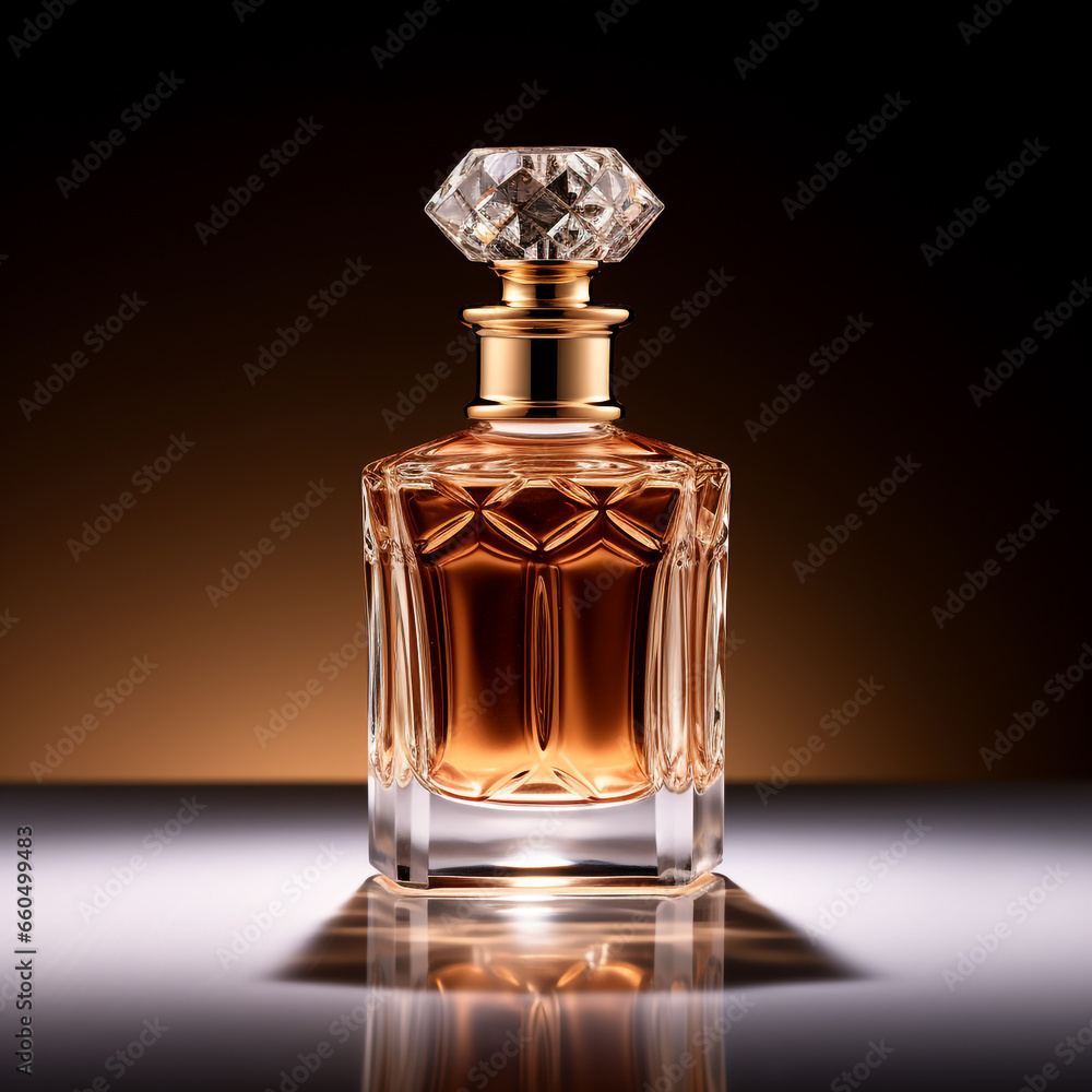 Perfume bottle with a beautiful and luxurious design isolated on dark background. There is perfume in the bottle. Perfume bottle with a beautiful and luxurious design isolated on dark background. There is perfume in the bottle.